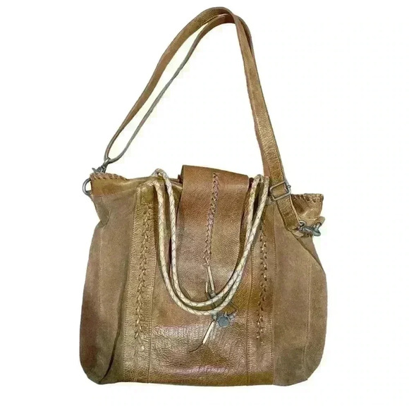 Free People Isle Distressed Tote Bag Tan Cowhide Hobo Metal Dangles suede Rare - Picture 2 of 16